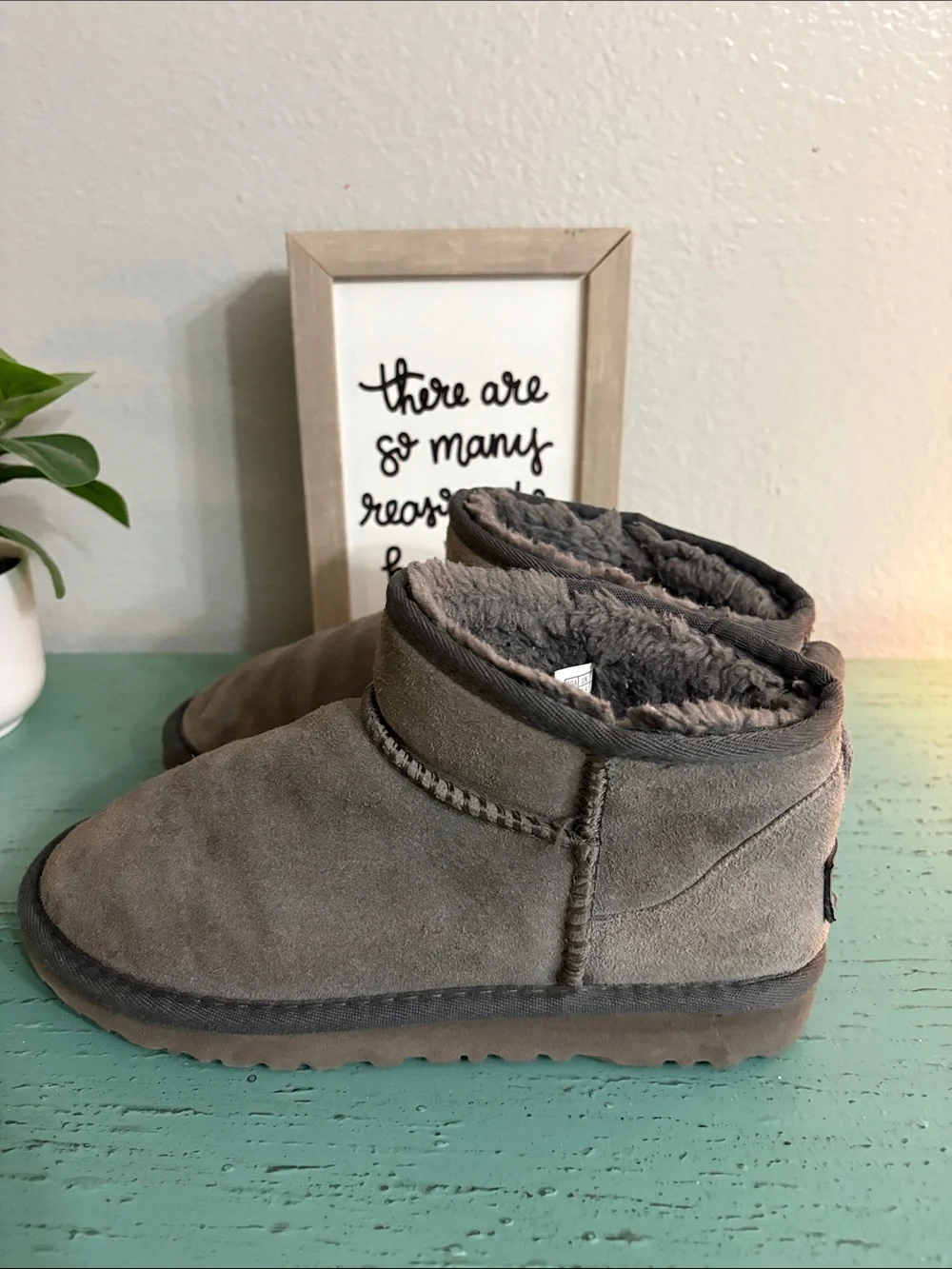 Wos Gray Suede Cozy Ugg Booties - Plush Lining